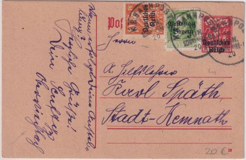 Bayern/DR - K.B. Bahnpost Schönsee Nabburg C1 Ganzsache Oberviechtach 19.6.20