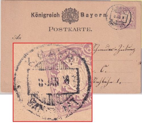 Bayern - K. Bayer. Bahnpost 8. Jan Typenradstpl. Ganzsache Grünstadt Berlin 1881
