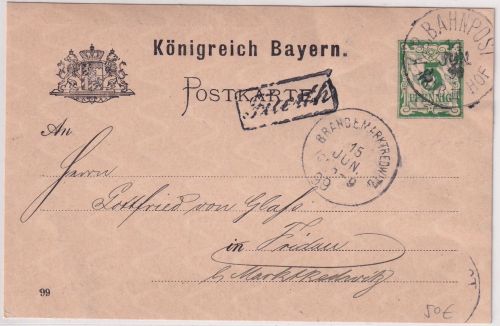 Bayern - K. B. Bahnpost Nürnberg III Hof Stations-Ra1 Fürth Ganzsache 1899