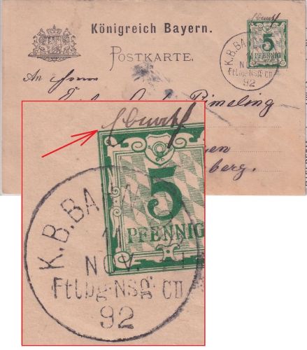 Bayern - K.B. Bahnpost Fichtelberg Neusorf CII hds.Aufg. "Ebnath" Ganzsache 1892
