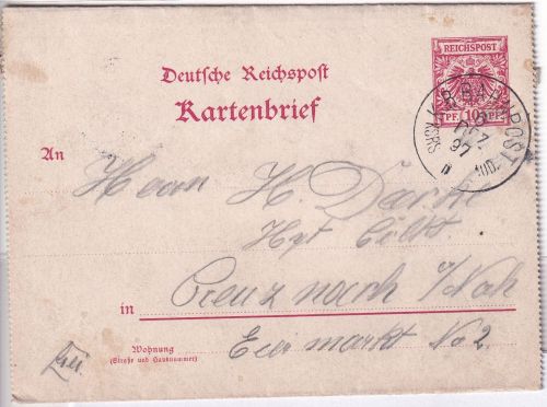 Bayern - K.B. Bahnpost Kaiserslautern II Staudernheim DR-GA Breitenheim 1897