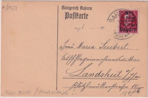 Bayern - Bahnpost (aptiert) Füssen Bissenhofen Karte Pinswang - Landshut 1919