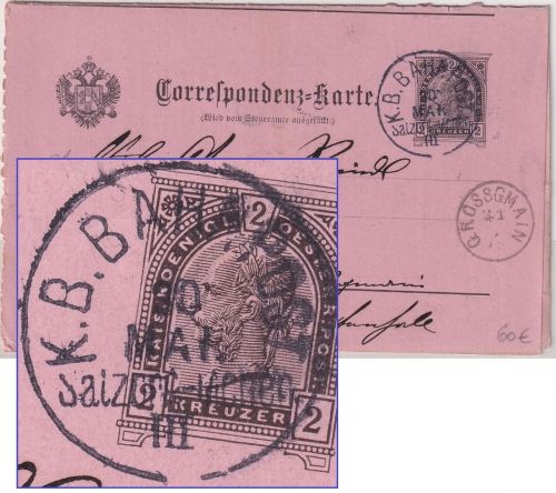 Bayern/Österreich - K.B. Bahnpost Salzburg III München 2 Kr. Ganzsache 1892