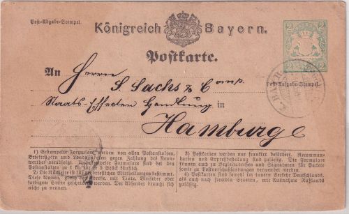Bayern - K. Bayer. Bahnpost Typenradstpl. 2 Kr. Ganzsache Speyer - Hamburg 1874
