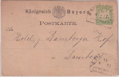 Bayern - K. Bay. Bahnpost Bayreuth Neuenmarkt HKS 2 Kr. Ganzsache Bayreuth 1875