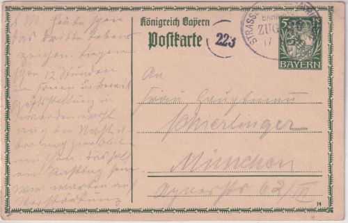 Bayern - Strassburg (Els) Avricourt Bahnpost Zug 25 5 Pfg. Ganzsache 1914