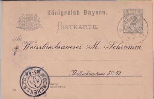 Bayern - K.B. Bahnpost München Ostbahnhof Deisenhofen C1 2 Pfg. Ganzsache 1903