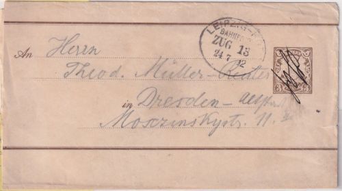 Bayern - Leipzig Hof Bahnpost Zug 13 3 Pfg. GA-Streifband hds. Aufgabe Hof 1912