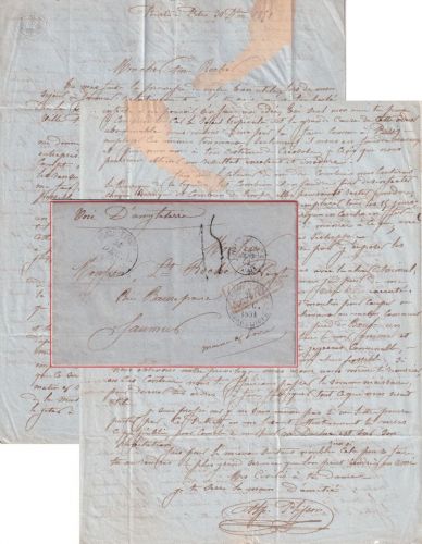 Gouadaloupe - Portobrief ü. England n Saumur 1851 roter Ra2 "Colonies &c.Art.13"
