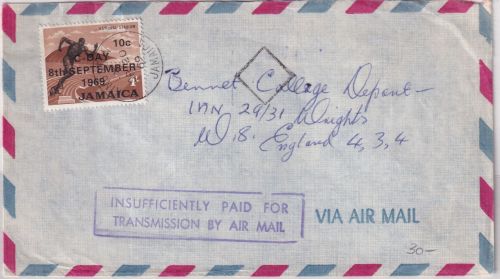 Jamaica - 10 C./1 Sh. "C-Day" Brief Kingston 1969 Ra2 "Insufficiently paid..."