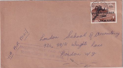 Jamaica - 10 C./1 Sh. "C-Day" Brief Kingston 1969 Ra2 "Insufficiently paid..."