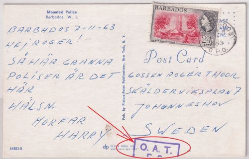 Barbados - Barbados GPO 1963 24 C. Karte n. SCHWEDEN viol. Ra2 "O.A.T. F.S."