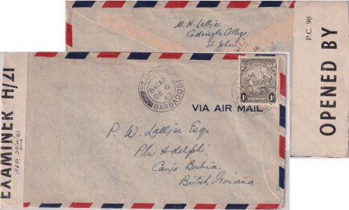 Barbados - 1 Sh. Freimarke Luftpost-Zensurbrief n. BRIT: GUIANA St. Johns 1943