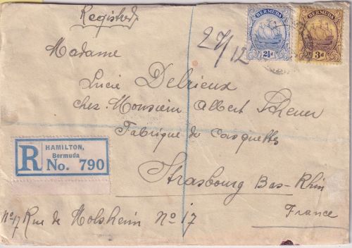 Bermuda - 2 1/2 + 3 P. Segelschiff Einschreibebrief n. FRANKREICH Hamilton 1928