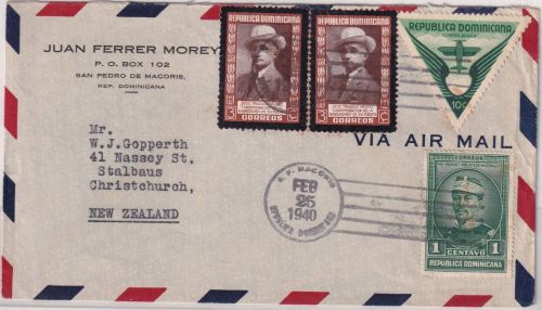 Dominikanische Rep. - 2x3 C. Valdez/Trauer u.a. Luftpostbrief n. NEUSEELAND 1940