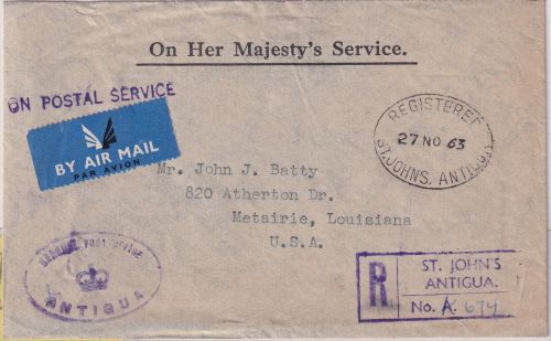 Antigua - St. Johns 1963 Luftpost-Einschreibe-Postsache n. USA (Metairie)