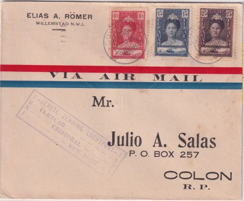 Curacao - 25+15+10 C. Reg.Jubiläum Erstflug Willemstad - Colon 1929