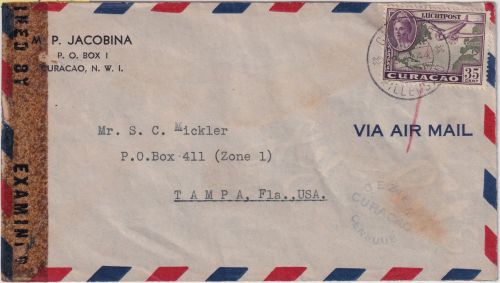 Curacao - 35 C. Flugpostausg. Luftpost-Zensurbrief n. USA Willemstad Tampa 1944