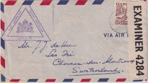 Curacao - 60 C. Flugpostausg. Luftpost-Zensurbrief i.d. SCHWEIZ Willemstad 1941