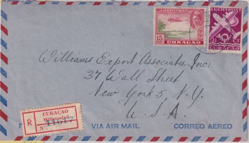 Curacao - 15 C. Flugpostausg. Luftpost-Einschreibebrief n. USA Willemstad 1948