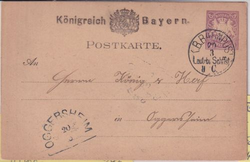 Bayern - K.B. Bahnpost Lauterburg Schifferstadt IIC 5 Pfg. Ganzsache Speyer 1882