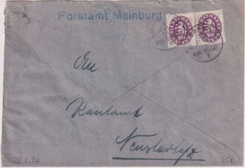 Bayern - Bay. Bahnpost Mainburg Wolnzach Zg 8 Dienstbrief Mainburg 28.5.20 !!