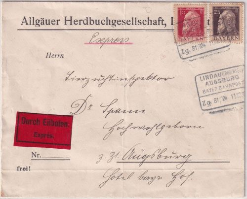 Bayern - Lindau Augsburg Bayer. Bahnpost Zg. 81/724 Eilbrief Immenstadt 1913