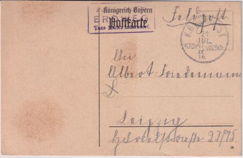Bayern - K. B. Bahnpost Altomünster Dachau + Posthilfstelle Erdweg Feldpostkarte