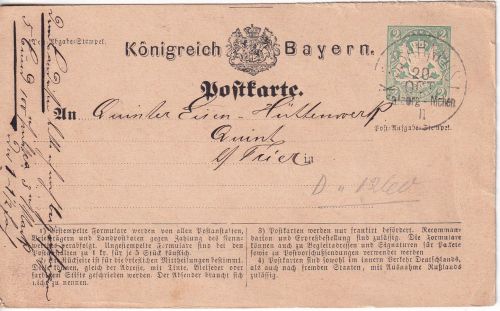 Bayern - K. B. Bahnpost Salzburg München II 2 Kr. Ganzsache Rosenheim 1874
