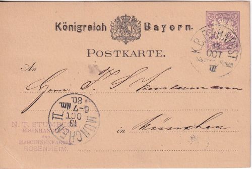Bayern - K. B. Bahnpost Salzburg III München 5 Pfg. Ganzsache Rosenheim 1880