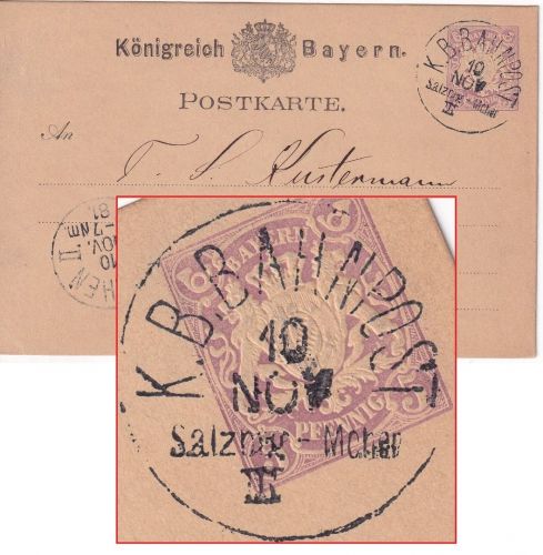 Bayern - K. B. Bahnpost Salzburg III München 5 Pfg. Ganzsache Rosenheim 1881