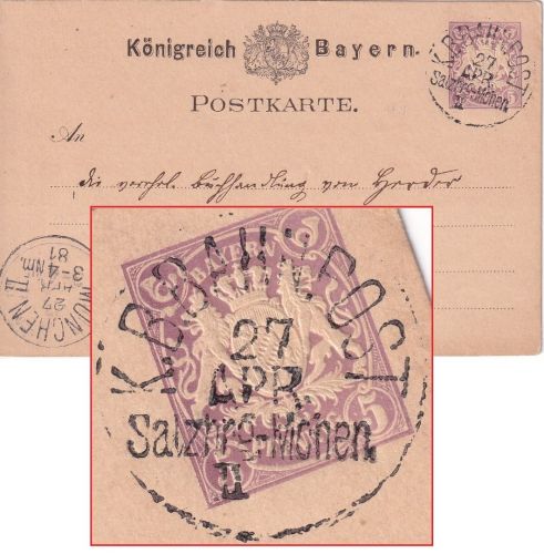 Bayern - K. B. Bahnpost Salzburg II München 5 Pfg. Ganzsache Laufen München 1881