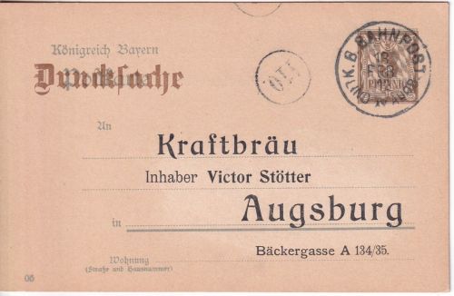 Bayern - K. B. Bahnpost Lindau IV Augsburg 3/2 Pfg. Ganzsache/Überdruck 1912