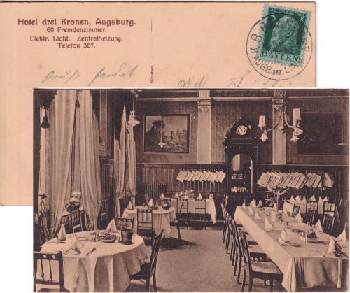 Bayern - K. B. Bahnpost Augsburg III Lindau AK Hotel drei Kronen n. Füssen 1913