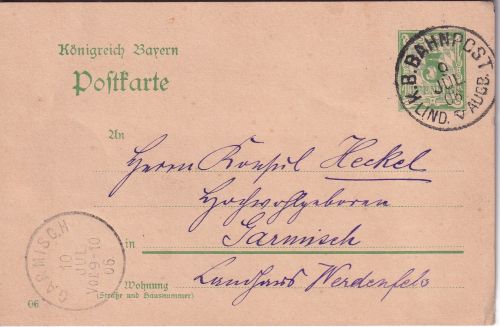 Bayern - K. B. Bahnpost Lindau V Augsburg 5 Pfg. Ganzsache n. Garmisch
