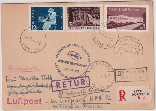 Bulgarien - Interflug Erstflug Leipzig - Kopenhagen R-Karte Zuleitungspost 1959
