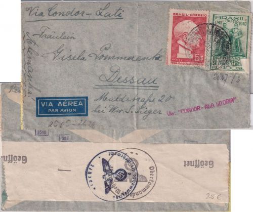 Brasilien - 400 R. 200 J. Porto Alegre u.a. Luftpostbrief LATI Porto Alegre 1940