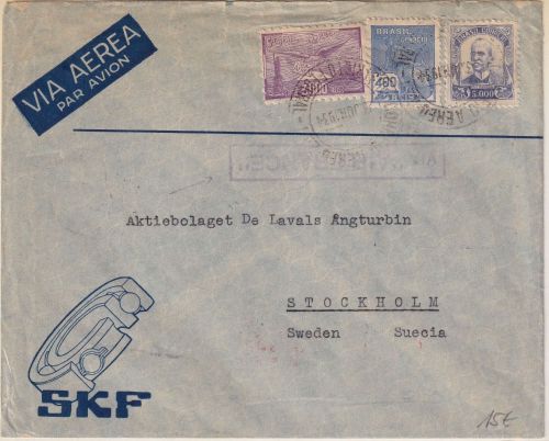 Brasilien - 3.000 R. Flugpostmarke u.a. Luftpostbrief n. SCHWEDEN Rio 1934