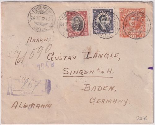 Chile - 20 C. Valdivia Ganzsache+Zusatz Einschreibebrief Coquimbo - Singen 1922