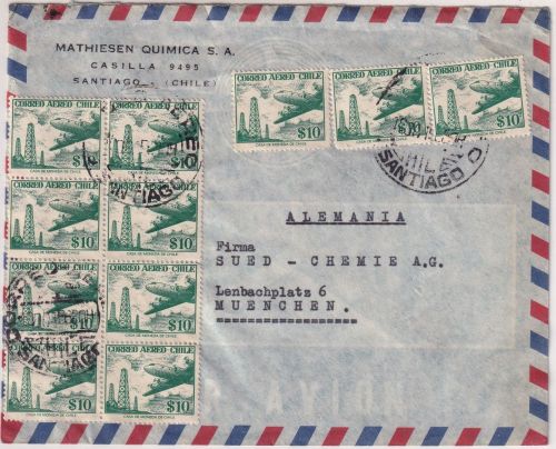 Chile - 11x10 P. Flugpostausgabe Luftpostbrief Santiago - München 1956