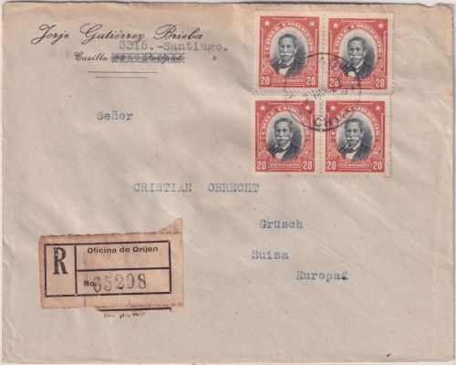 Chile - 4x20 C. Bulnes Einschreibebrief i.d. SCHWEIZ Santiago - Grüsch 1920