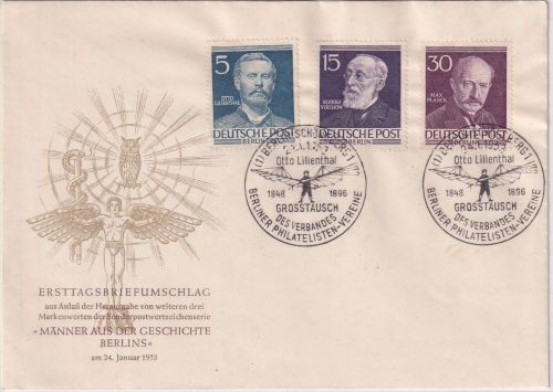 Berlin - 30+15+5 Pfg. Berliner Männer amtl. Schmuck-FDC 24.1.53