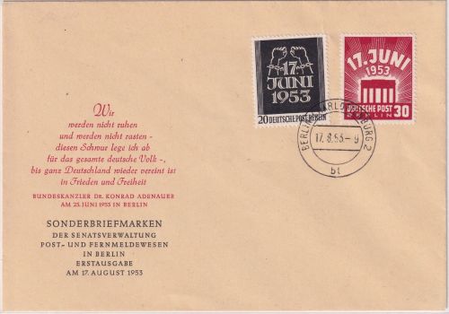 Berlin - 20+30 Pfg. Volksaufstand 1. Juni amtl. Schmuck-FDC 17.8.53