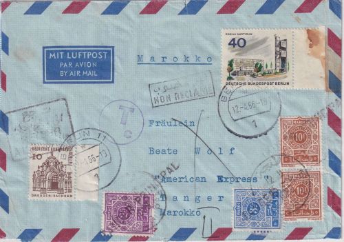Berlin - 40 Pfg. Neuberlin u.a. Luftpostbrief n. MAROKKO Nachporto 1965