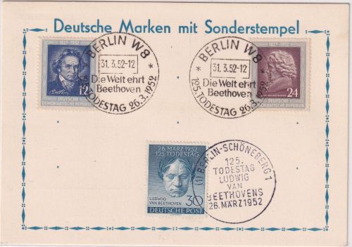 Berlin - 30 Pfg. Beethoven FDC + 12+24 Pfg. DDR Beethoven SST Schöneberg/W8 1952