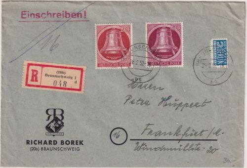 Berlin - 40+20 Pfg. Glocke rechts Einschreibebrief Braunschweig - FFM 1952