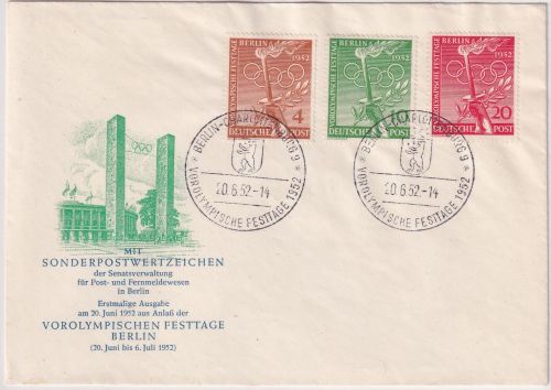 Berlin - Vorolympische Festtage amtl. Schmuck-FDC ESST Charlottenburg 20.6.52