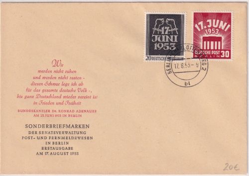 Berlin - 20+30 Pfg. Volksaufstand 1. Juni amtl. Schmuck-FDC 17.8.53