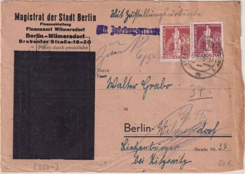 Berlin - 60+24 Pfg 75 J. UPU Ortszustellurkunde Wilmersdorf 5.5.49 Retourvermerk