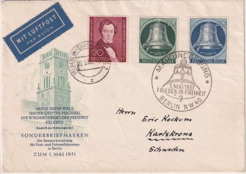 Berlin - 30+10 Pfg. Glocke links amtl. Schmuck-FDC+Zusatz n. SCHWEDEN 1951